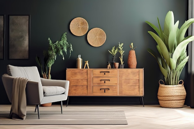 Foto sala de estar com uma cadeira e uma planta na parede