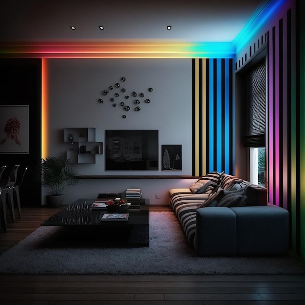 Sala de estar com uma luz de arco-íris na parede