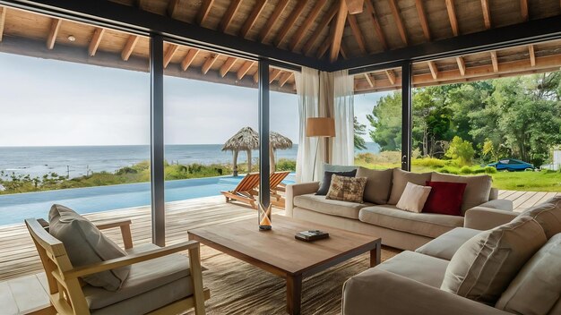 Sala de estar com vista para o mar de uma casa de praia de verão de luxo com piscina e terraço de madeira