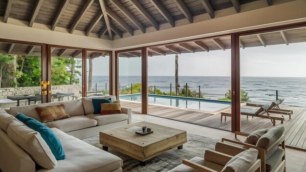 Sala de estar com vista para o mar de uma casa de praia de verão de luxo com piscina e terraço de madeira