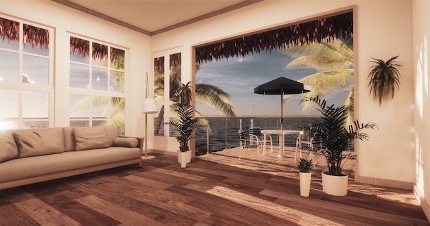Sala de estar com vista para o mar na casa de verão moderna praia