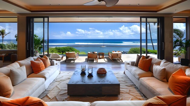 Sala de estar com vista para o oceano com aparelho de água e paisagem cênica