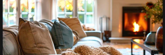 Foto sala de estar confortável com lareira e decoração de outono