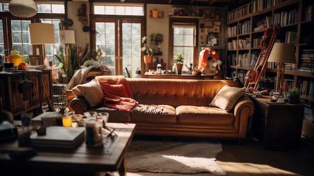 Sala de estar confortável com sofá, luminária de mesa e pintura