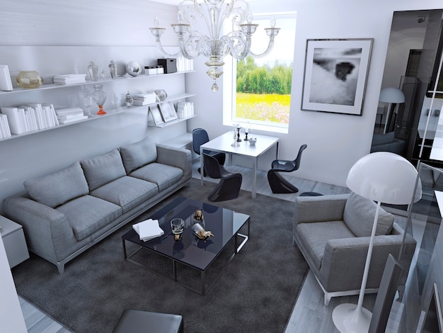 Sala de estar contemporânea à luz do dia. Sala com mesa de jantar em estilo gótico. Móveis cinza claro, carpete asfáltico úmido sobre piso laminado, paredes brancas. Renderização 3D
