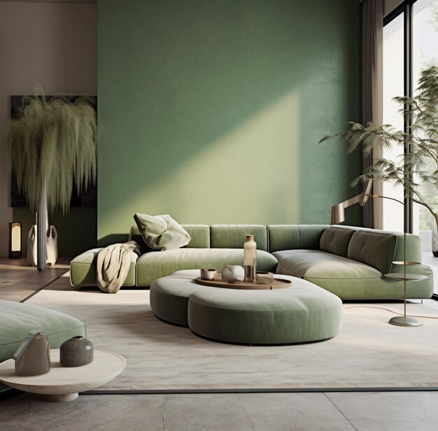 Sala de estar contemporânea apresenta decoração verde em formas suaves e arredondadas ai gerada ai generativa ai generativ ai gerada generativa generativa
