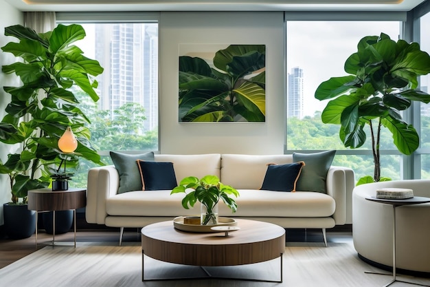 Sala de estar contemporânea com exuberante planta generativa Ai