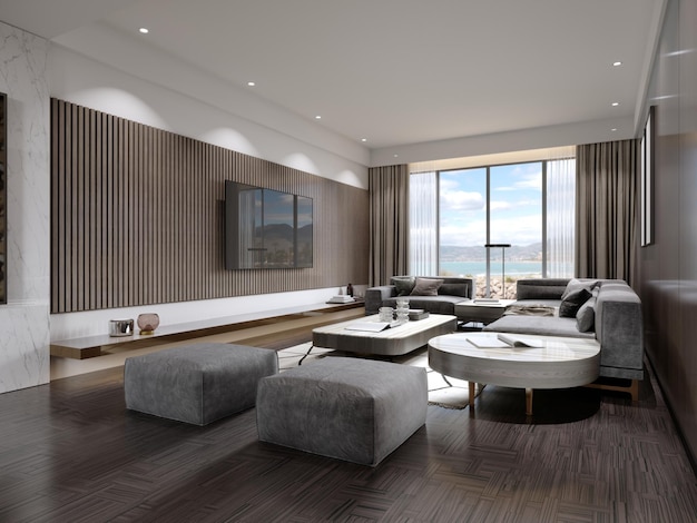 Sala de estar contemporânea com painéis de madeira nas paredes e ripas de madeira com sofá de canto cinza