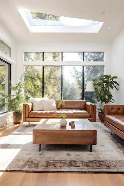Foto sala de estar contemporânea e confortável, repleta de luz solar, plantas exuberantes e decoração moderna