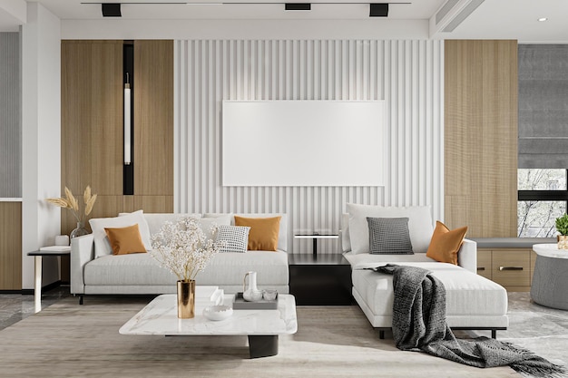Sala de estar contemporânea sofá elegante mármore TV parede e decoração elegante
