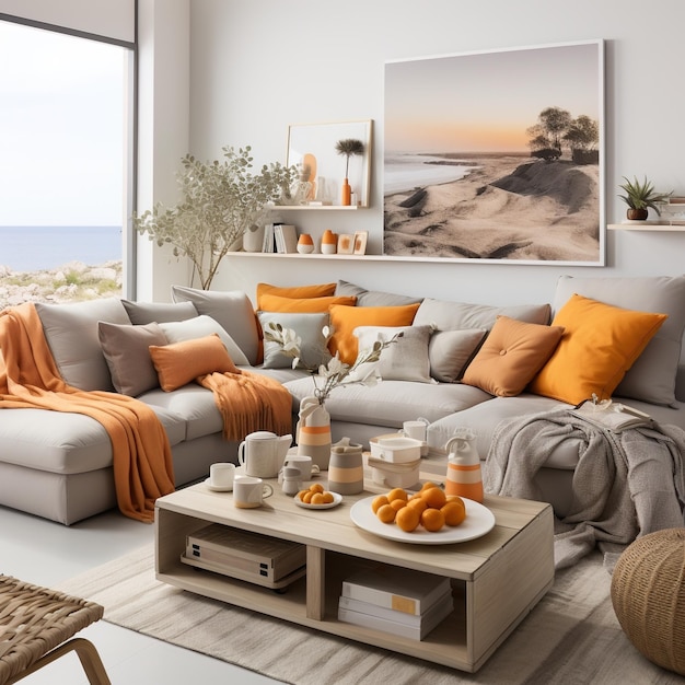 Sala de estar costeira moderna com sotaques laranjas e obras de arte de praia