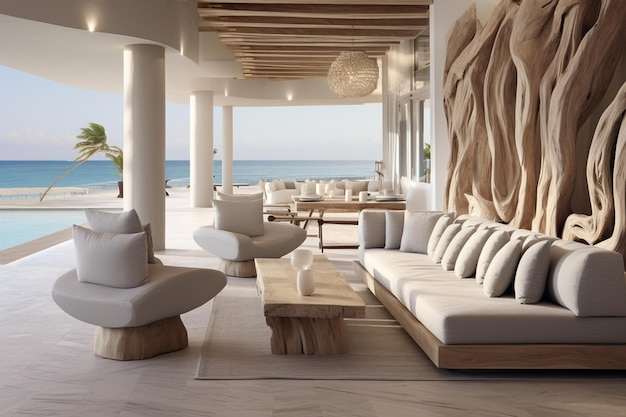 Sala de estar de casa de praia costeira com tema náutico alegre e decoração costeira