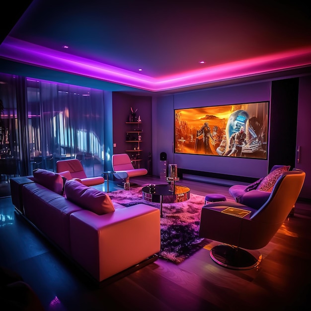 Sala de estar de cinema em casa com iluminação LED colorida Casa inteligente