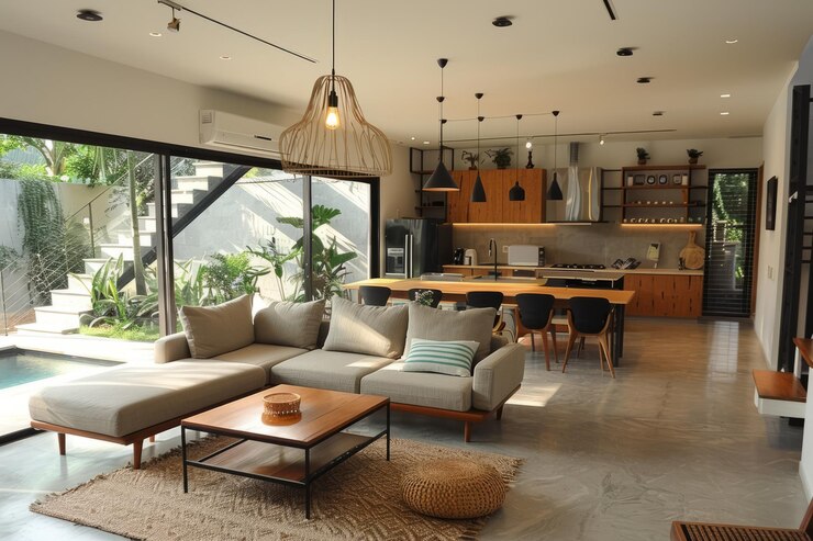 Sala de estar de conceito aberto tropical moderno com materiais naturais
