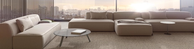 Sala de estar de design de interiores minimalista com janelas grandes e ilustração de renderização 3d do pôr do sol