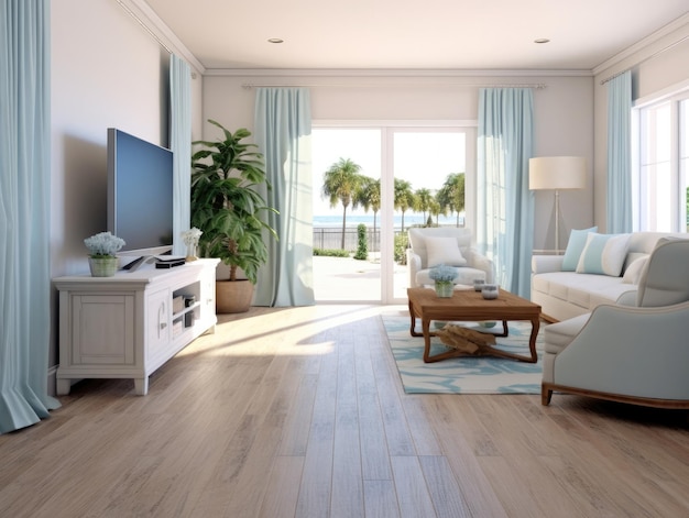 Sala de estar de estilo costeiro com uma TV uma grande janela para o chão móveis azuis claros e brancos e piso de parquet de madeira IA generativa