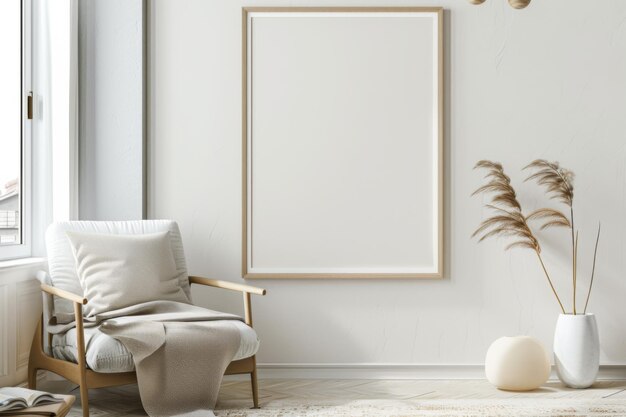 Sala de estar de estilo escandinavo com modelo de cartaz criado com IA generativa