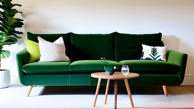 Sala de estar de estilo escandinavo com um sofá verde