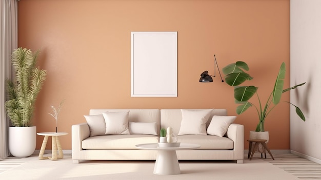Sala de estar de estilo interior amigável Maquete de parede Arte de parede renderização em 3d ilustração em 3d IA generativa