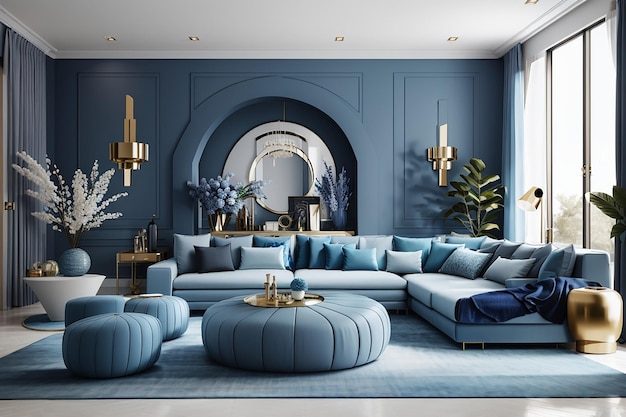 Sala de estar de estilo moderno e de luxo em tom azul