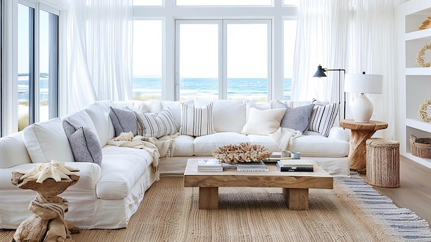 Foto sala de estar de inspiração costeira com vibração arejada acentos náuticos seccionais brancos vistas ao oceano recuperadas