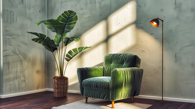 Sala de estar de inspiração tropical com plantas verdes sofá contemporâneo e decoração vintage oferecendo um espaço luxuoso e convidativo