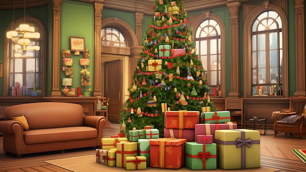 Sala de estar de luxo com árvore de Natal e apresenta ilustração vetorial