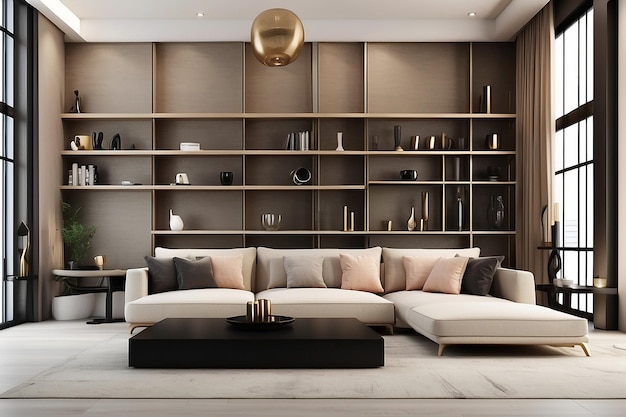 Sala de estar de luxo com estante de livros