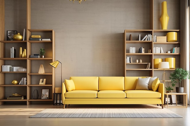 Sala de estar de luxo com estante e sofá amarelo