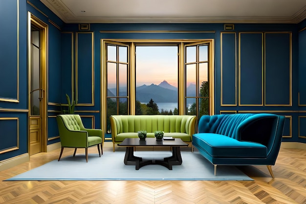 Sala de estar de luxo com paredes azuis chão de madeira poltronas verdes e janela com vista para as montanhas renderização 3d