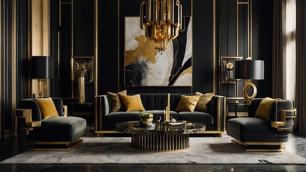Sala de estar de luxo com paredes douradas chão de cimento sofás pretos e teto dourado