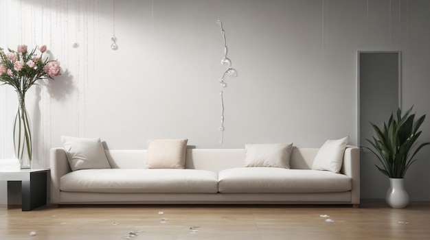 Sala de estar de luxo com plantas de flores de sofá chovendo à noite e mesa no fundo de zoom de parede vazia