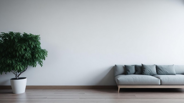 Sala de estar de luxo com plantas de sofá azul e mesa no fundo de zoom de parede vazia