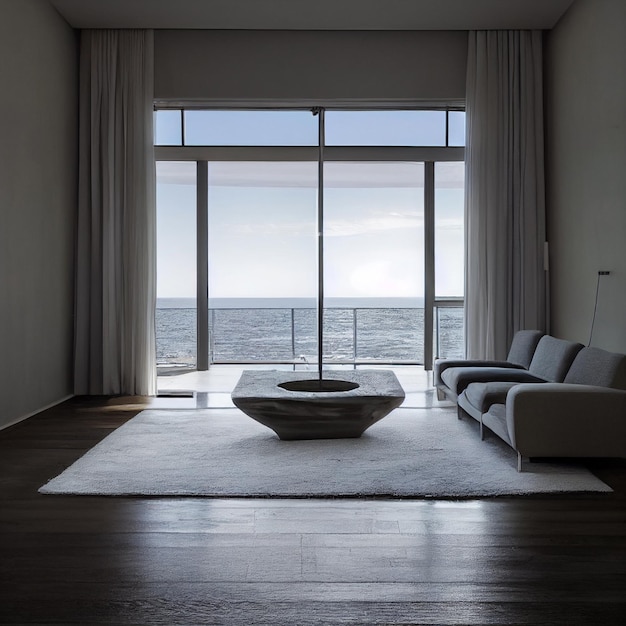 Sala de estar de luxo com vista para o mar interior de casa moderna