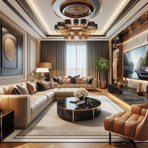 Foto sala de estar de luxo de estilo moderno com sofá, poltrona, móveis de design, suporte de televisão grande e decorativo