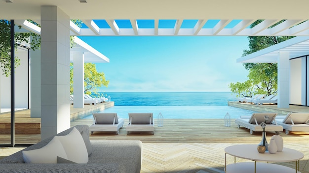 Sala de estar de luxo de praia e interior com vista para o mar - renderização em 3d