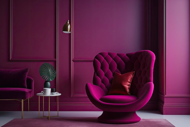 sala de estar de luxo é viva magenta Um protótipo de parede de arte vermelho bordô Cadeira de acento de quarto moderno em branco