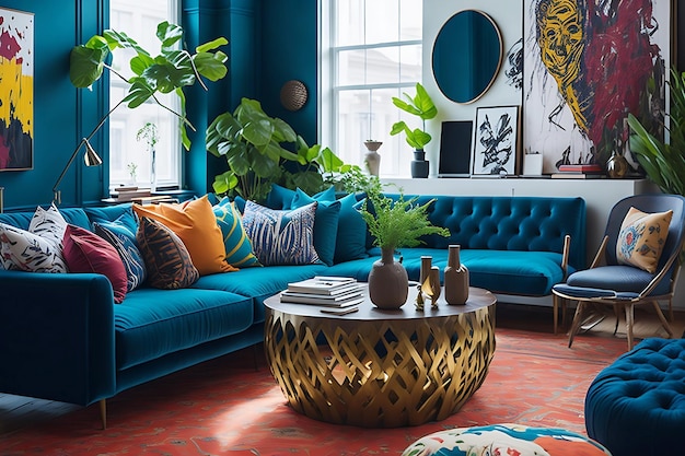 Sala de estar de luxo em casa com elementos modernos de design de interiores e têxteis vibrantes