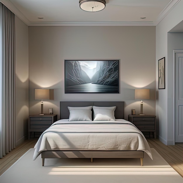 Sala de estar de luxo moderna com móveis de madeira, cama e tv na parede, iluminação noturna 3d.
