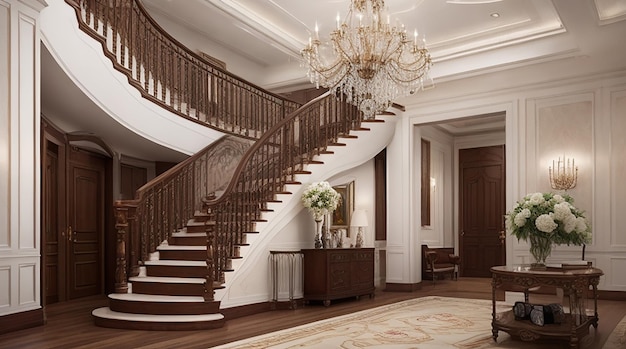 Sala de estar de madeira clássica de luxo de renderização 3D perto da decoração da escada e lustre com teto alto