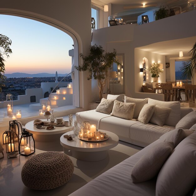 Foto sala de estar de vila de luxo moderna com uma vista deslumbrante do pôr-do-sol