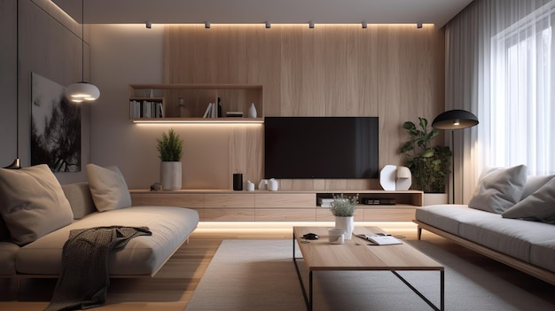 Sala de estar design de interiores moderno Sala com sofás de luzes bege e branco tv na parede móveis de madeira com decoração Espaço doméstico contemporâneo com fundo de ilustração de móveis IA generativa