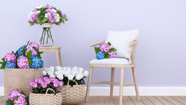 Sala de estar e flor colorida em apartamento ou casa 3D