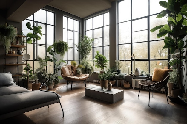 Sala de estar elegante com janelas de vidro de plantas de interior e luz natural criada com IA generativa