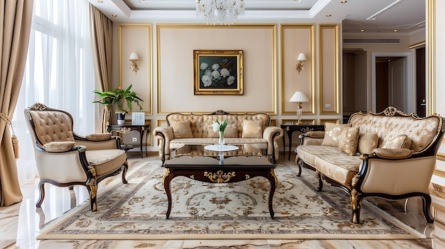 sala de estar elegante com móveis castanhos escuros paredes brancas e teto adornado com um chand pendurado