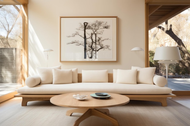 Sala de estar elegante com móveis de design Decoração moderna de sala brilhante Modelagem de cartaz de parede da sala de estar Uma sala de estar elegante e luxuosa com um confortável sofá e poltrona elegante
