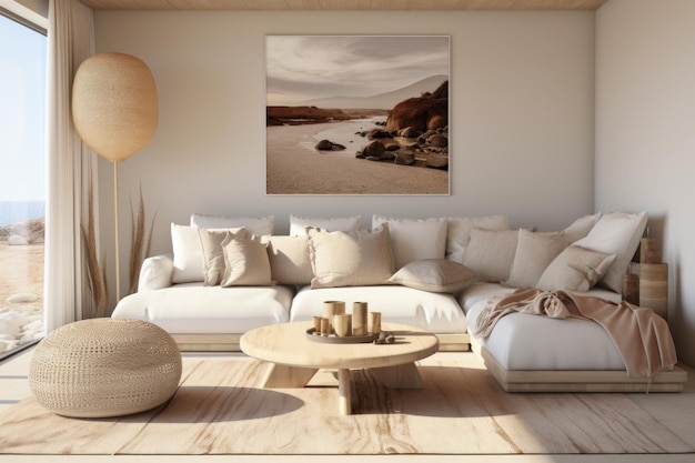 Sala de estar elegante com móveis de design Decoração moderna de sala brilhante Modelagem de cartaz de parede da sala de estar Uma sala de estar elegante e luxuosa com um confortável sofá e poltrona elegante