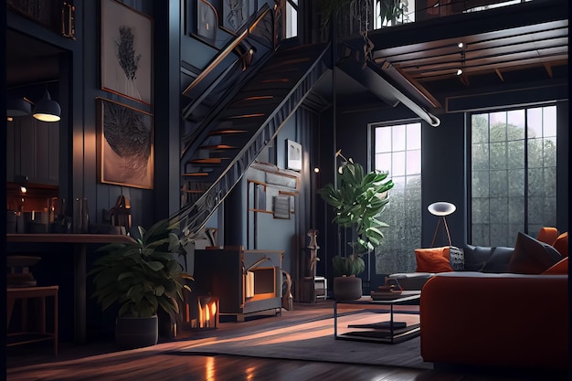 Sala de estar elegante com móveis de design Decoração moderna de sala escura AI