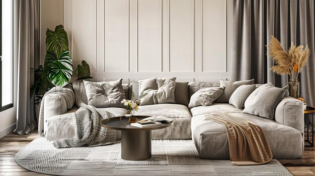 Sala de estar elegante com sofá moderno Decoração elegante e assentos confortáveis Perfeito para um ambiente doméstico elegante e aconchegante