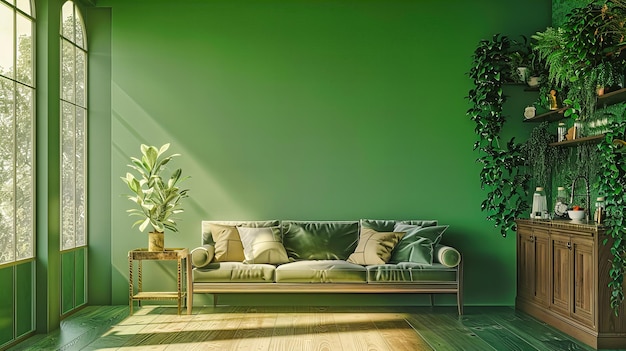 Sala de estar elegante com sofá moderno, plantas verdes e acentos coloridos para um interior aconchegante